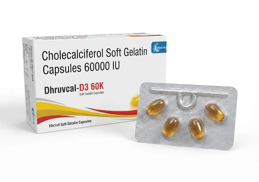 Dhruvcal-D3 60K – Cholecalciferol Soft Gelatin Capsules (60,000 IU) | Pack of 40