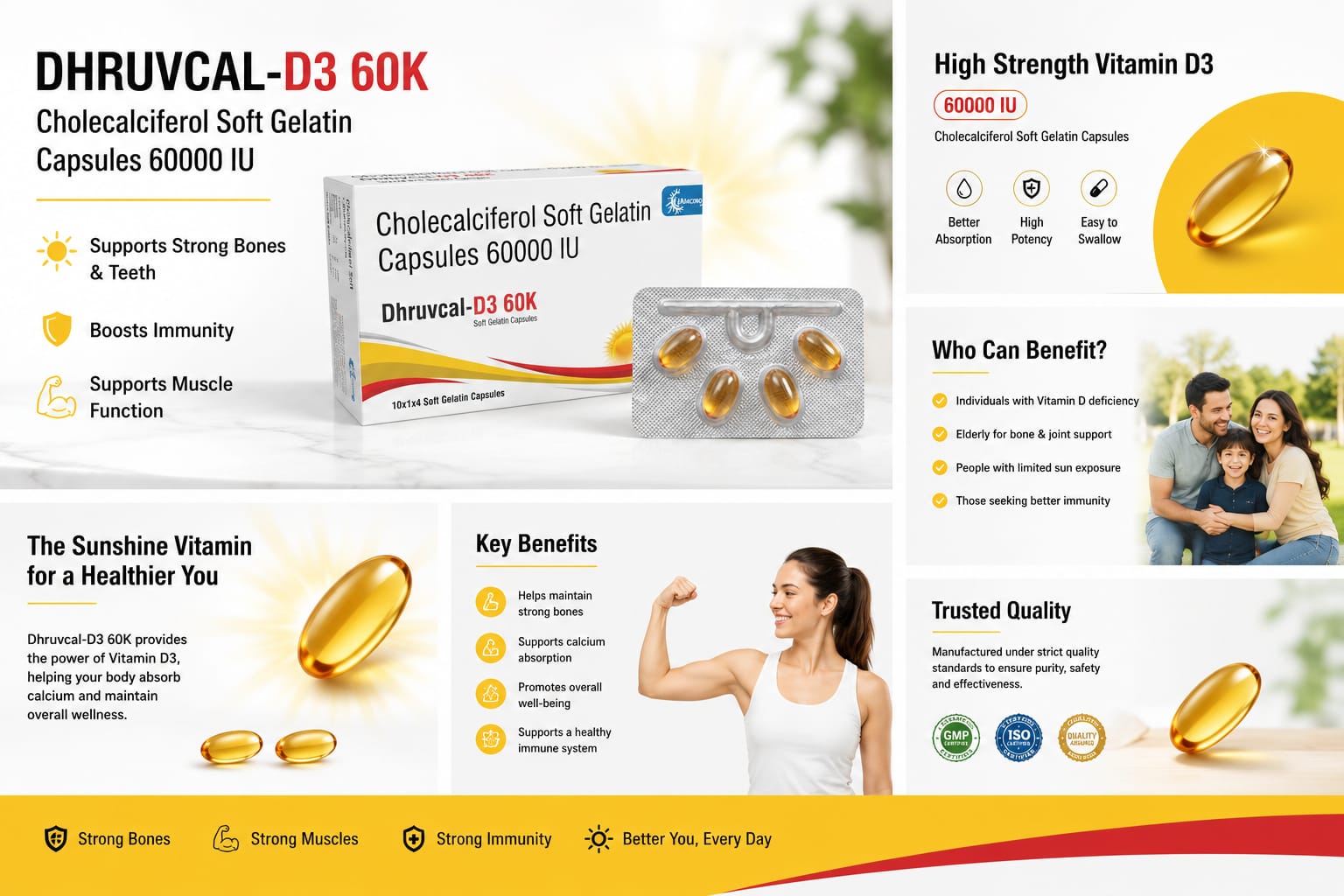 Dhruvcal-D3 60K – Cholecalciferol Soft Gelatin Capsules (60,000 IU) | Pack of 40